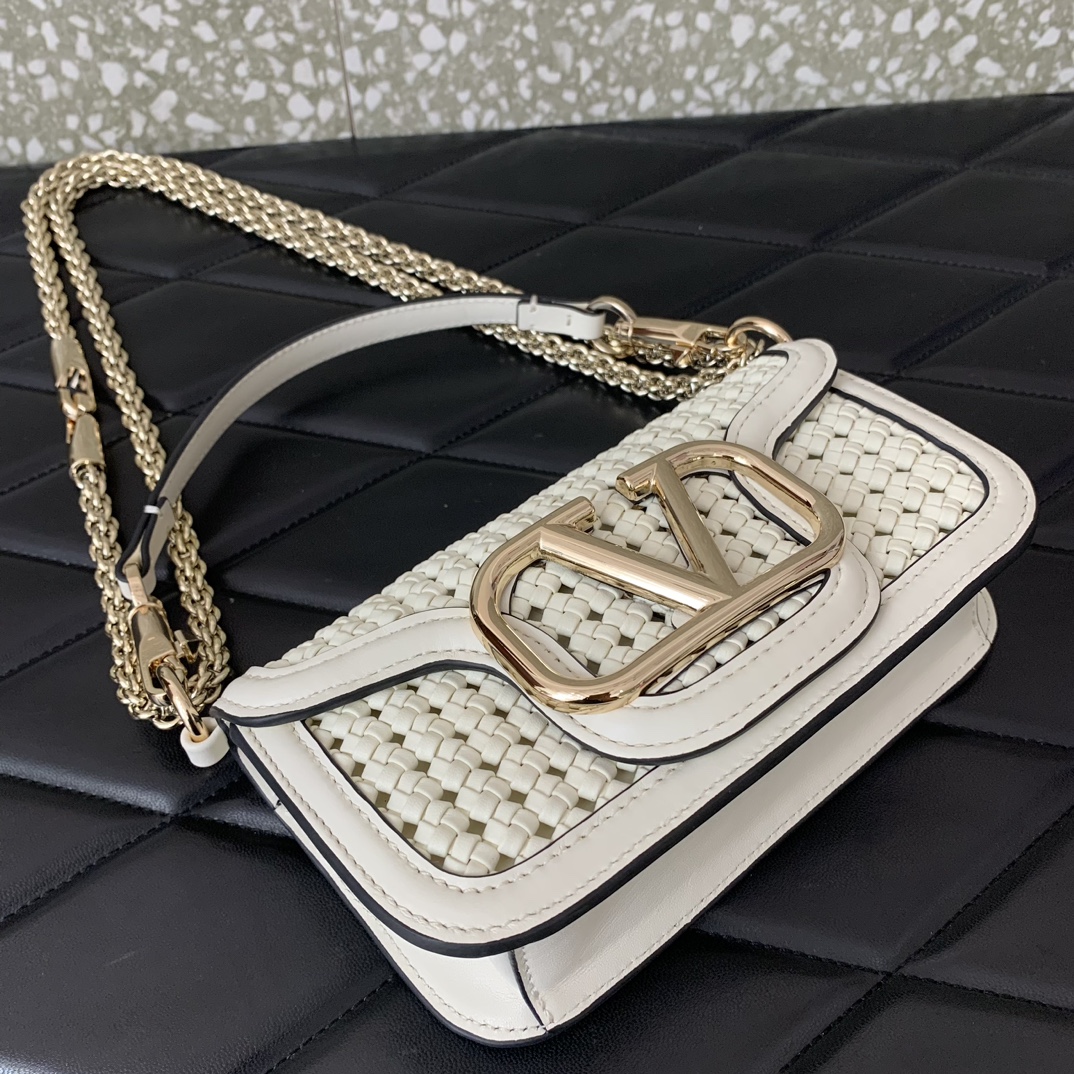 Valentino Garavani Loco Small Shoulder Bag in Ivory Metallic Woven Leather 